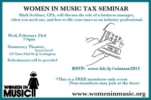 Women in Music Tax Seminar Tonight, Wed. 2/23, at Gramercy Theater, 7-9 PM