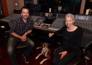 Pictured in session at Studio Trilogy's SSL 9000K console are chief engineer Justin Lieberman and cellist/composer Joan Jeanrenaud with her dog, Jack.  Photo by David Goggin.