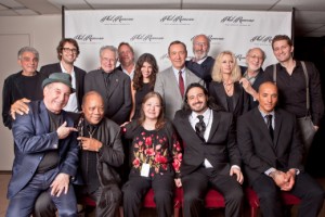 Pictured L-R, seated: Paul Simon, Quincy Jones, Karen Ramone, BJ Ramone, Matthew Ramone; L-R, standing: Steve Gadd, Josh Groban, Dave Grusin, Ed Cherney, Nikki Yanofsky, Kevin Spacey, Noel Paul Stookey, Shelby Lynne, Peter Yarrow, Matthew Morrison. (Photo by Johnny Richie Photography) (Click to enlarge