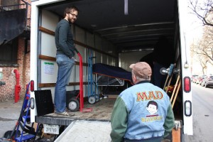 The journey begins -- John Davis helps to unload the newly arrived SSL 4000.