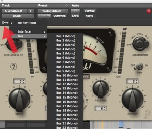 In Pro Tools, use the "key input" dropdown, found at the top left of most dynamics plugins, in order to assign a bus to the compressor's sidechain.