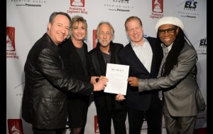 (L-R)The Recording Academy's Daryl P. Friedman, Chief Advocacy & Industry Relations Officer; Maureen Droney, Managing Director, P&E Wing; and Neil Portnow, President/CEO with Michael Huppe, President & CEO of SoundExchange, and GRAMMY winning songwriter/producer/guitarist Nile Rodgers mark the introduction of The AMP Act. 