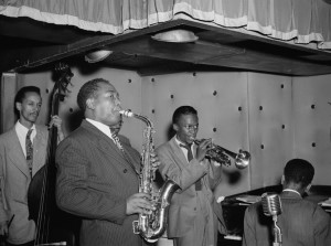 Tommy Potter, Charlie Parker, Max Roach (almost hidden by Parker), Miles Davis, and Duke Jordan, Three Deuces, New York, N.Y. October 1947