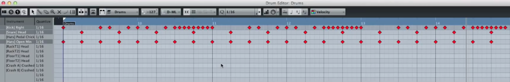 A drum pattern in Cubase's MIDI editor using the "locking in approach". In this case, a heavy metal track, the 16th-note guitar pattern at the end of each phrase inspired a 16th note double kick pattern that suits the track perfectly.