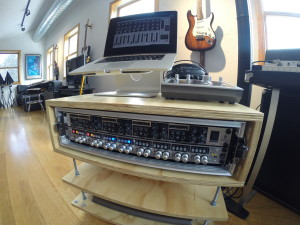 Closeup on the loft's recording rack, with the Audient iD22 monitor controller and ASP880 mic pre.