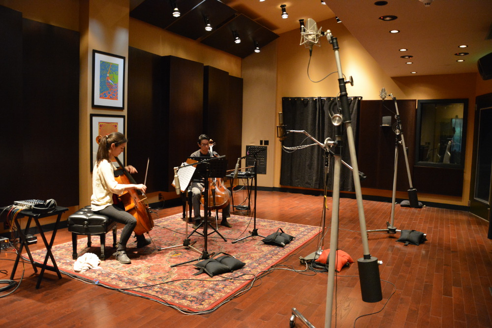 Recording in Studio Trilogy's live room: a pair of Neumann M150’s are wide in the room, with a Manley Gold Stereo mic in the center front, and a Neumann 269 close to each cello.