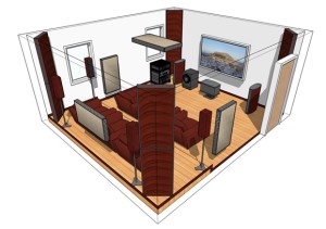 This mock-up from Ready Acoustics shows a minimal setup in a home theater environment. Starting with corner broadband absorbers will give most small studios the best bang for their budget.