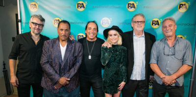 The hosts of the event pause for a photo opp with Pensado and Trawick. Left to right: Gavin Lurssen, Herb Trawick, Chris Lord-Alge, Taryn Manning, Dave Pensado and John McBride.