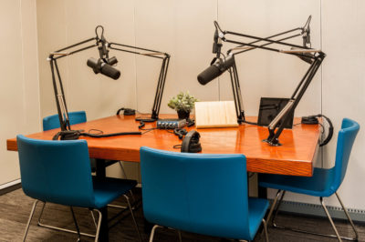 The primary studio hosts up to four podcasters.