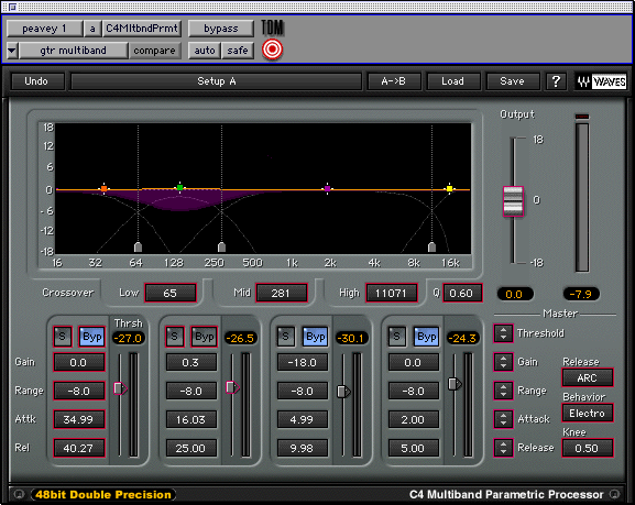 A screenshot of Sneap's targeted multiband compression for controlling low-mids on heavy palm-muted guitars.