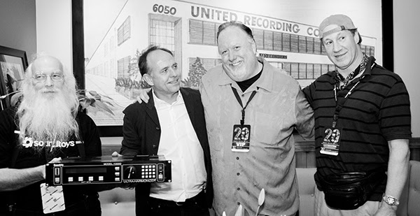 Bob Belcher and Ken Bogdanowicz of Soundtoys pose with Gil Griffith of Wave Distribution and Dave Derr of Empirical Labs, holding the classic H3000 effects unit they helped bring to life together more than 20 years ago.
